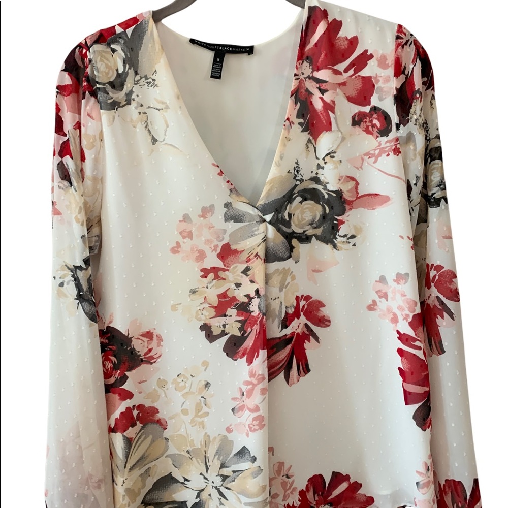 WHBM Womens Off White red burgundy Floral Textured V-Neck Sheer Long Sleeve top